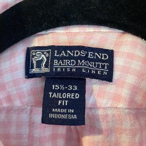 100% Irish Linen Lands' End Pink Gingham Men's Buttondown Shirt 15 1/2-33